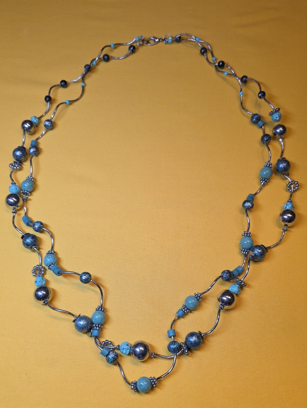Artisan BOHO Multi Strand Wavy Wire Statement Necklace Blue Turquoise Like Beads